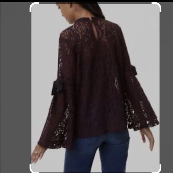 LOFT Burgundy Lace with Black Tie Sleeves Ann Taylor Holiday Christmas Blouse - Picture 1 of 7